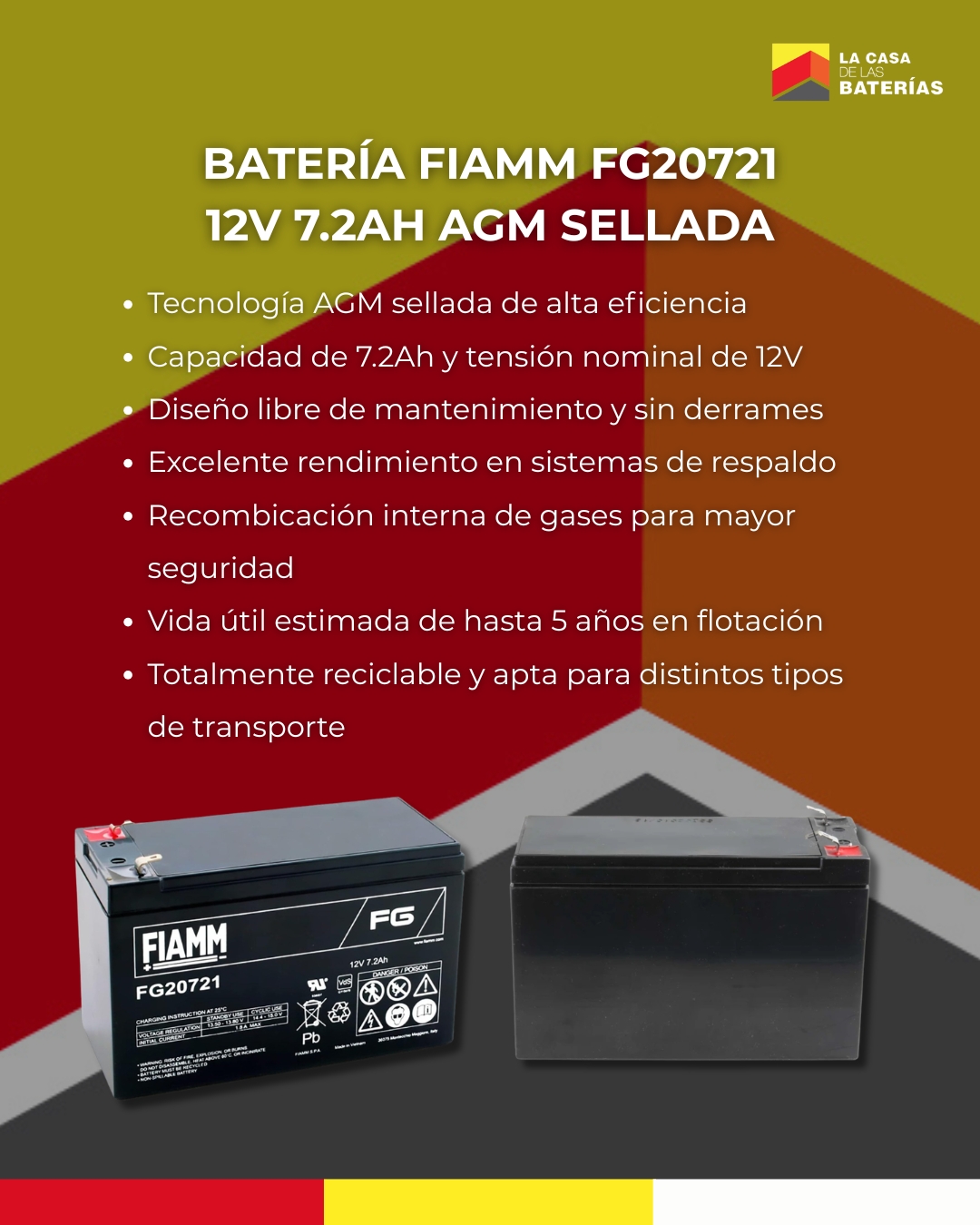 Batería de plomo y ácido sellada, Fiamm, 12V 7.2Ah Faston F1, AGM - Imagen 4